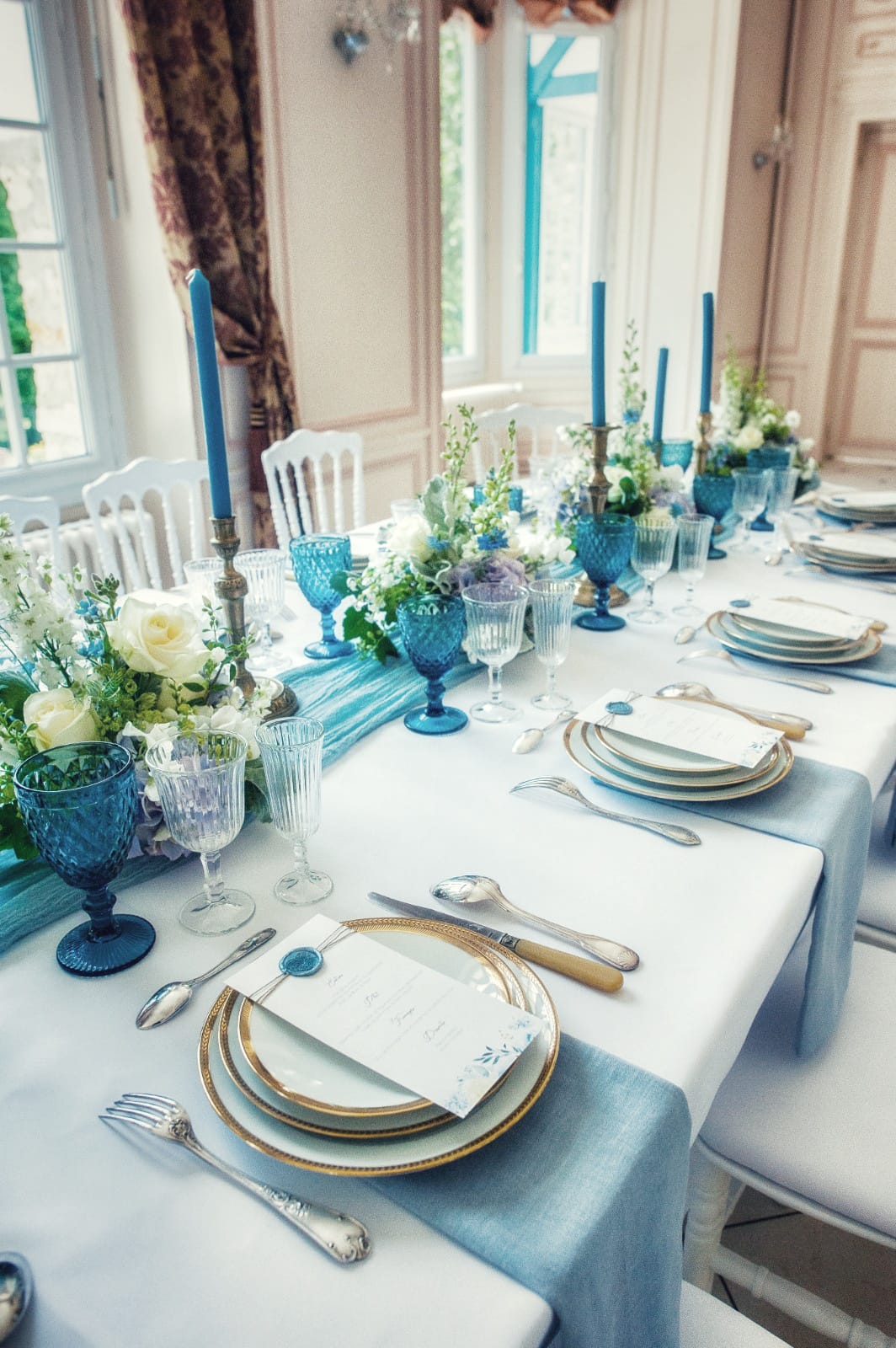 Mariage blue romantique papeterie  table menus